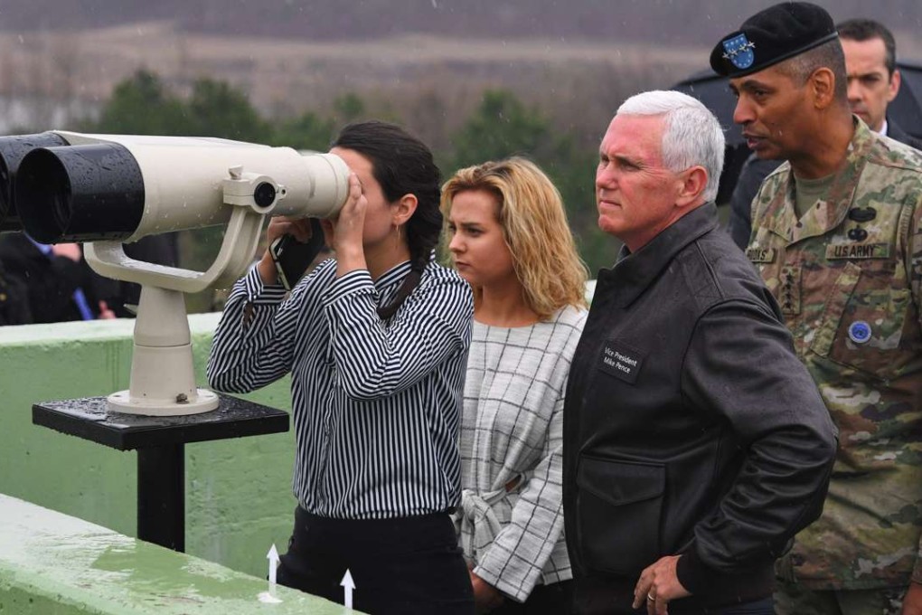 US Vice-President Mike Pence and his daughters visit an observation post near the truce village of Panmunjom in the Demilitarised Zone on the border between North and South Korea, on April 17. Photo: AFP
