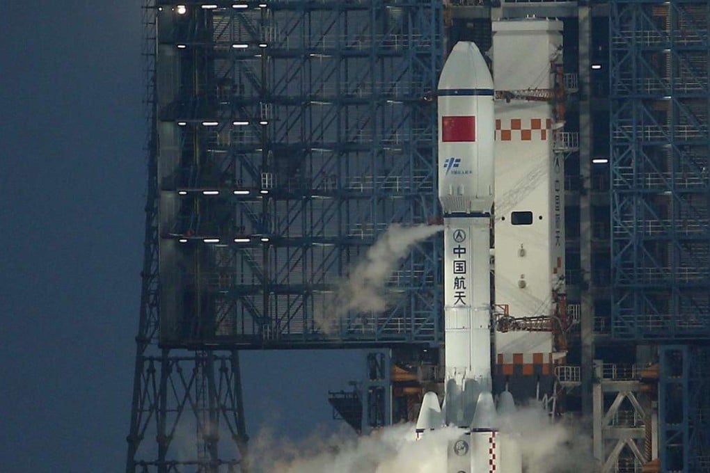 The Long March 7 rocket carrying the Tianzhou-1 cargo spacecraft prepares for launch on Hainan on Thursday. Photo: EPA