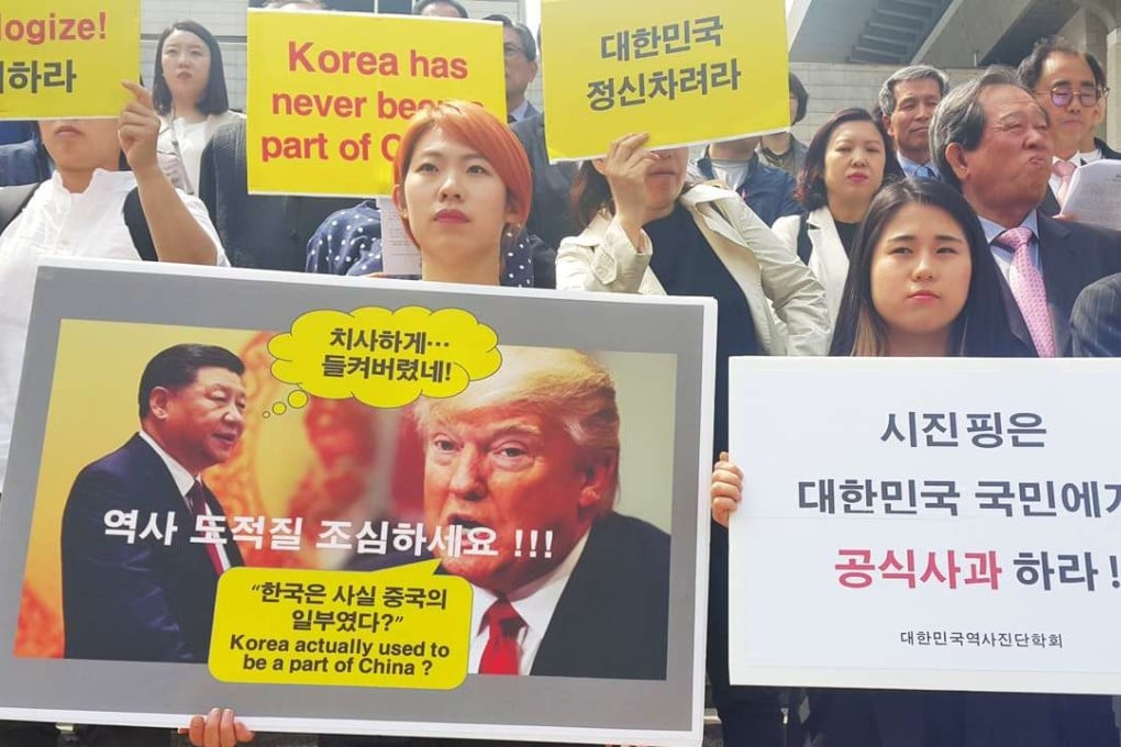 South Korean activists protest in front of the Chinese Embassy in Seoul on Friday over Donald Trump’s comments. Photo: Yonhap