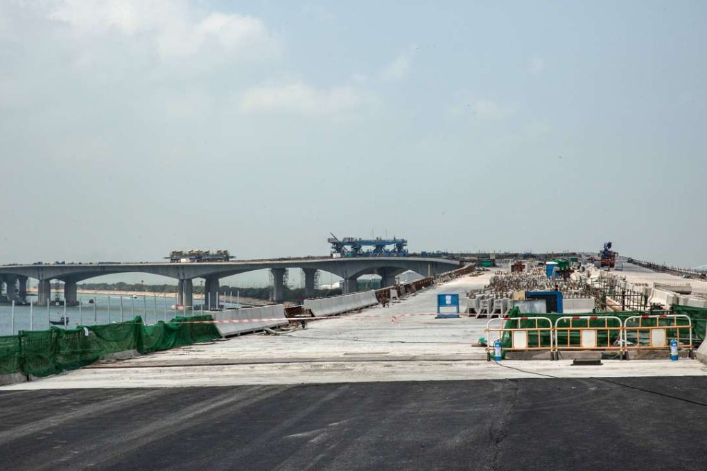 A section of the Hong Kong-Zhuhai-Macau Bridge under construction as of March 28, 2017. The bridge will cut Hong Kong’s travelling time to Macau from three hours to a mere 30 minutes. Photo: Bloomberg