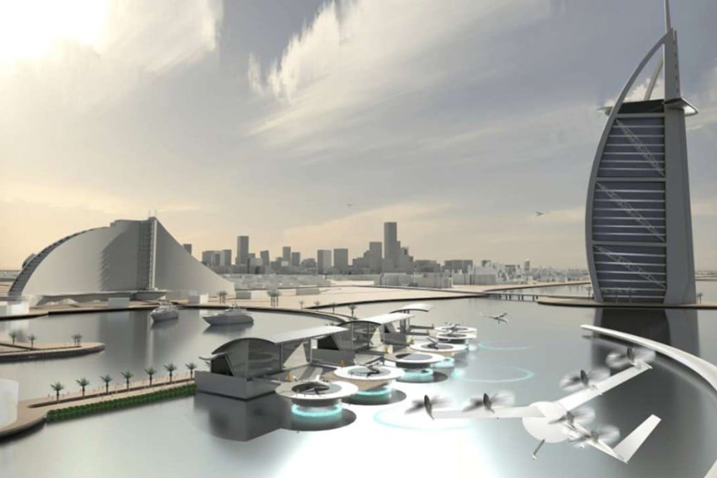 An artist’s rendering depicts a vertical take-off and landing aircraft in Dubai, where Uber plans to launch a demonstration service with such vehicles in 2020. Graphic: Uber