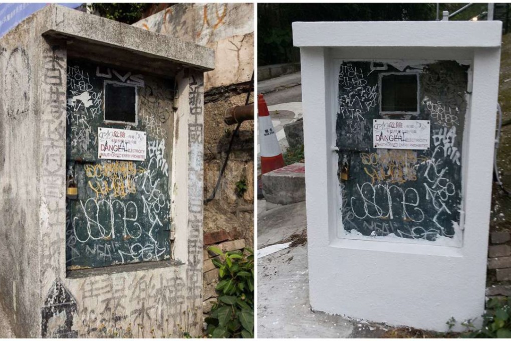 Before (left) and after photos of the graffiti on the switch box near Sam Shan Kwok Wong Temple. Photo: Facebook