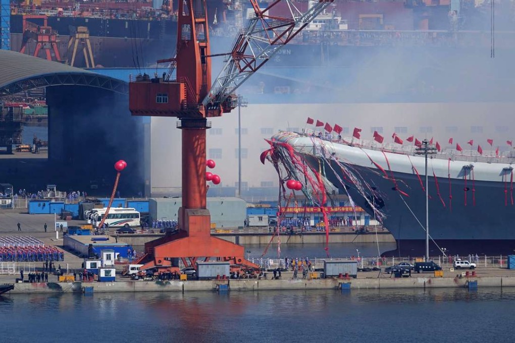 China’s first domestically built aircraft carrier is launched at a shipyard in Dalian port on Wednesday. Photo: AFP