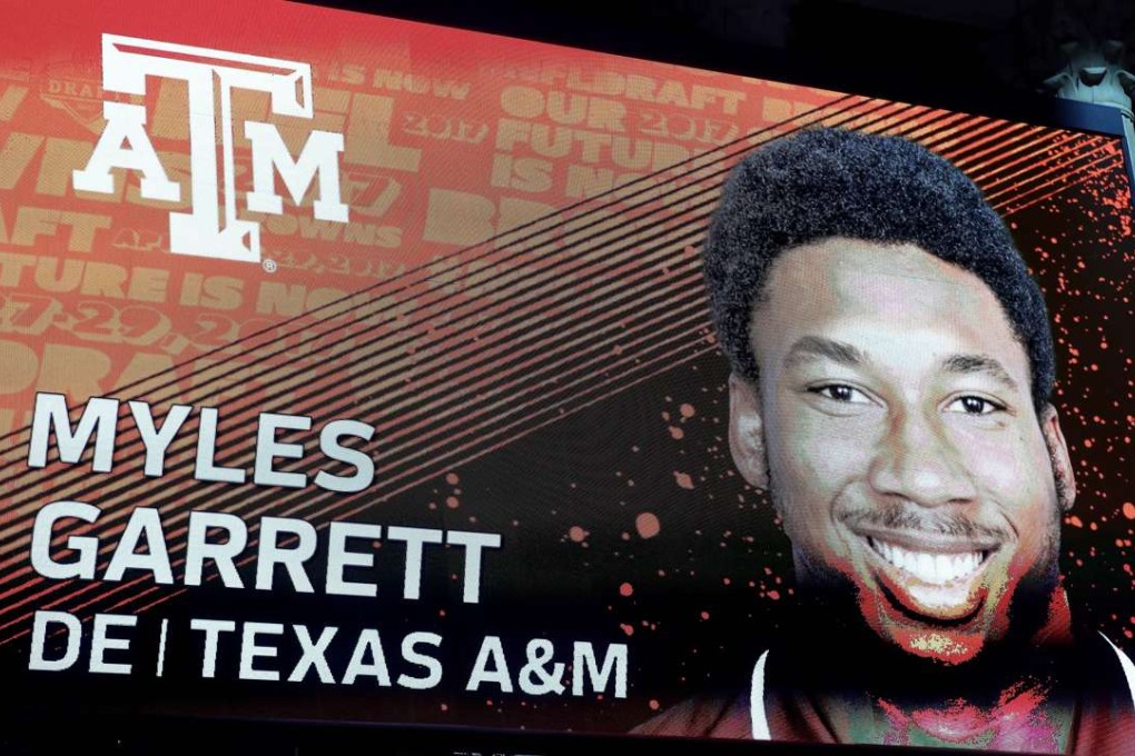 The screen on stage as Myles Garrett is being picked #1 overall by the Cleveland Browns at the NFL draft. Photo: AFP