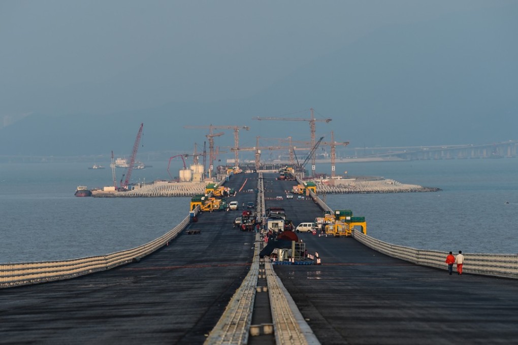 Part of the Hong Kong-Zhuhai-Macau bridge as seen from Zhuhai. The Hong Kong section is set to be completed by the end of the year. Photo: Xinhua/ Liu Dawei