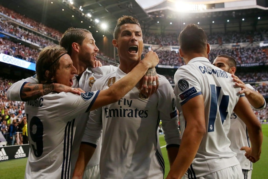 Real Madrid's Cristiano Ronaldo celebrates after scoring their first goal in the Champions L:eague semi-finals against Atletico Madrid. Photo: Reuters