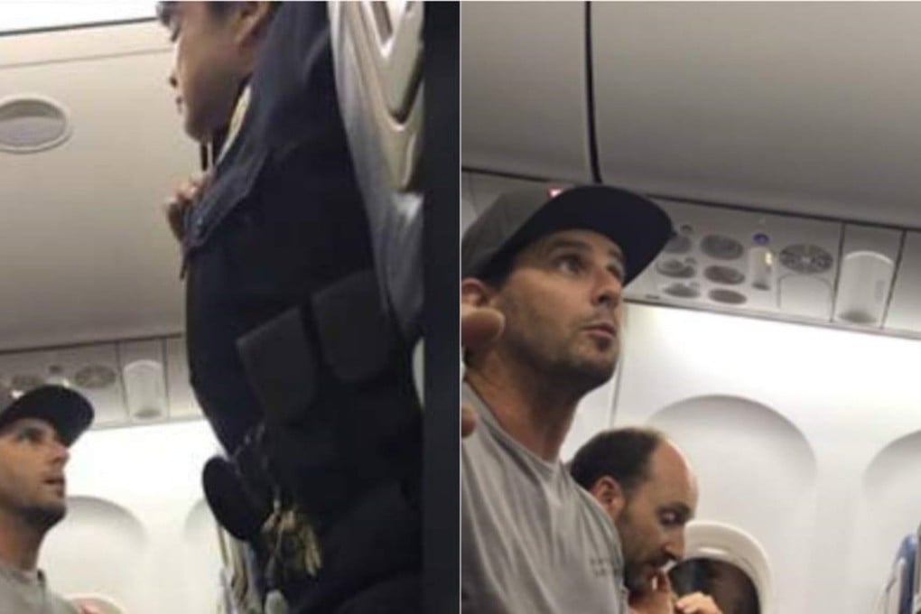 Passenger Brian Schear argues with a Delta Airlines staff member before being booted off the flight with his wife and two toddlers. Photo: YouTube