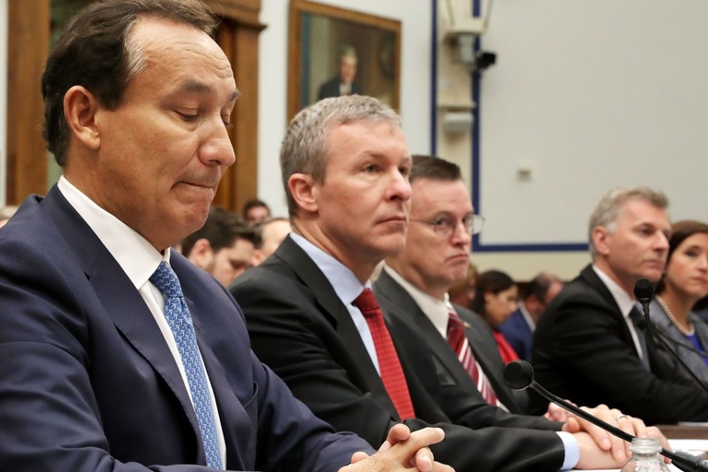 United Airlines CEO Oscar Munoz (far left) sits with President Scott Kirby as they testify before the US Congress’ Transportation and Infrastructure Committee about oversight of US airline customer service, in Washington on May 2. Photo: AFP