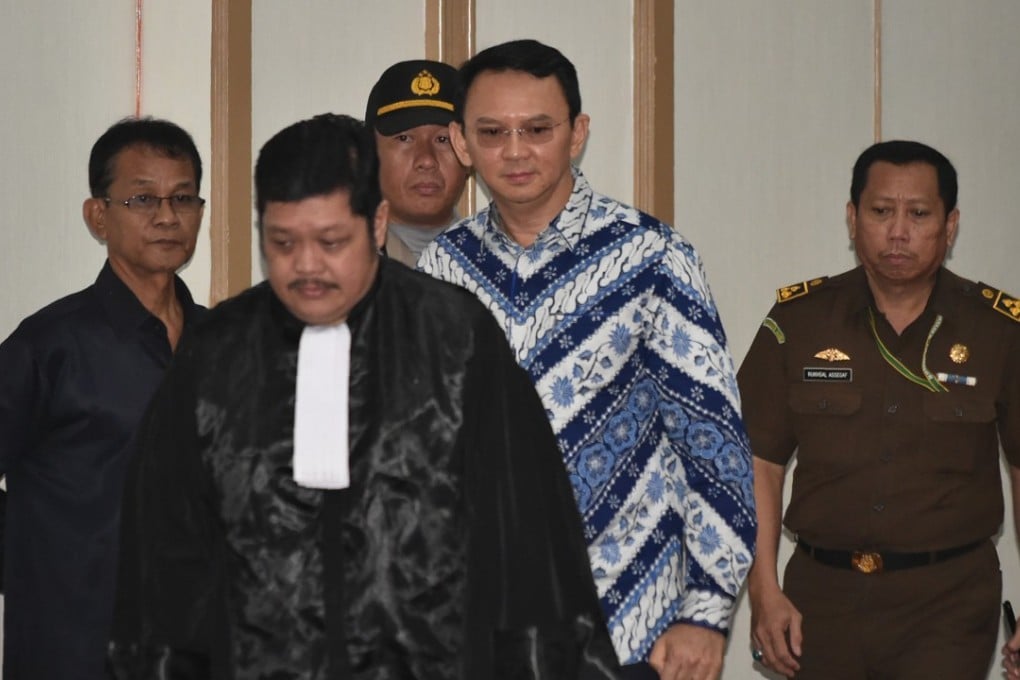Jakarta’s Christian governor Basuki Purnama, popularly known as Ahok, arrives at a court in Jakarta for his verdict and sentence. Photo: AFP