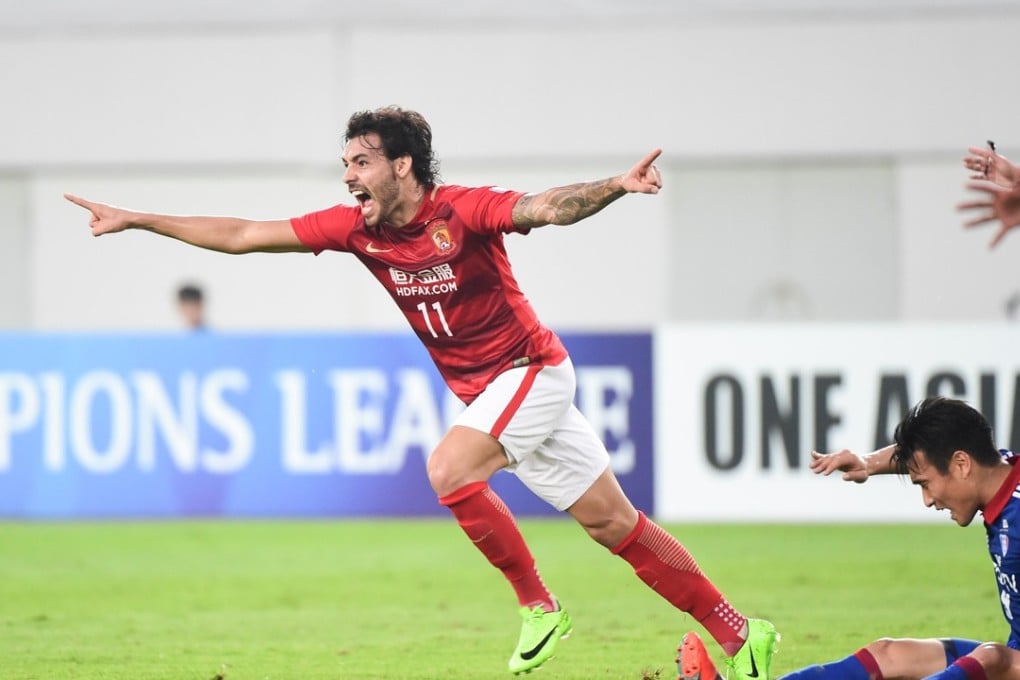 Guangzhou Evergrande’s Ricardo Goulart celebrates scoring against Suwon Bluewings. Photo: Xinhua