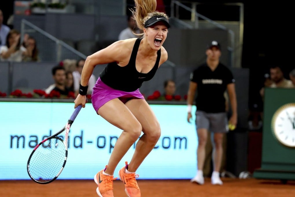 Canada’s Eugenie Bouchard reacts after defeating Maria Sharapova at the Madrid Open. Photo: EPA
