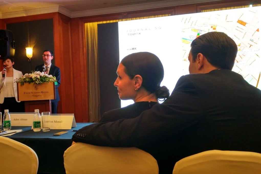 Nicole Kushner Meyer (centre), the sister of US White House senior adviser Jared Kushner, and her husband Joseph Meyer look on during a promotional event in Shanghai on May 7, at which she urged wealthy Chinese to buy stakes in real estate through a controversial programme that offers US residency in exchange for investment. Photo: AFP