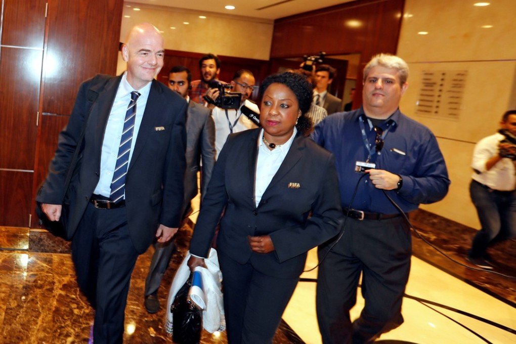 Gianni Infantino and Fifa secretary general Fatma Samoura arrive for the Fifa meeting in Bahrain. Photo: Reuters