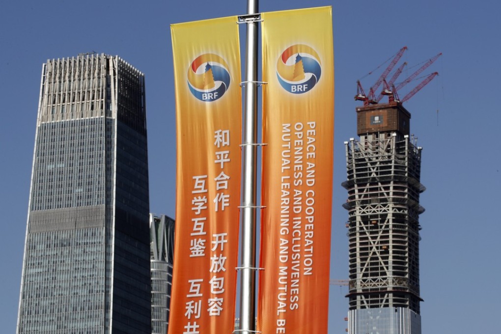 Banners announcing the belt and road forum in Beijing. Photo: AP