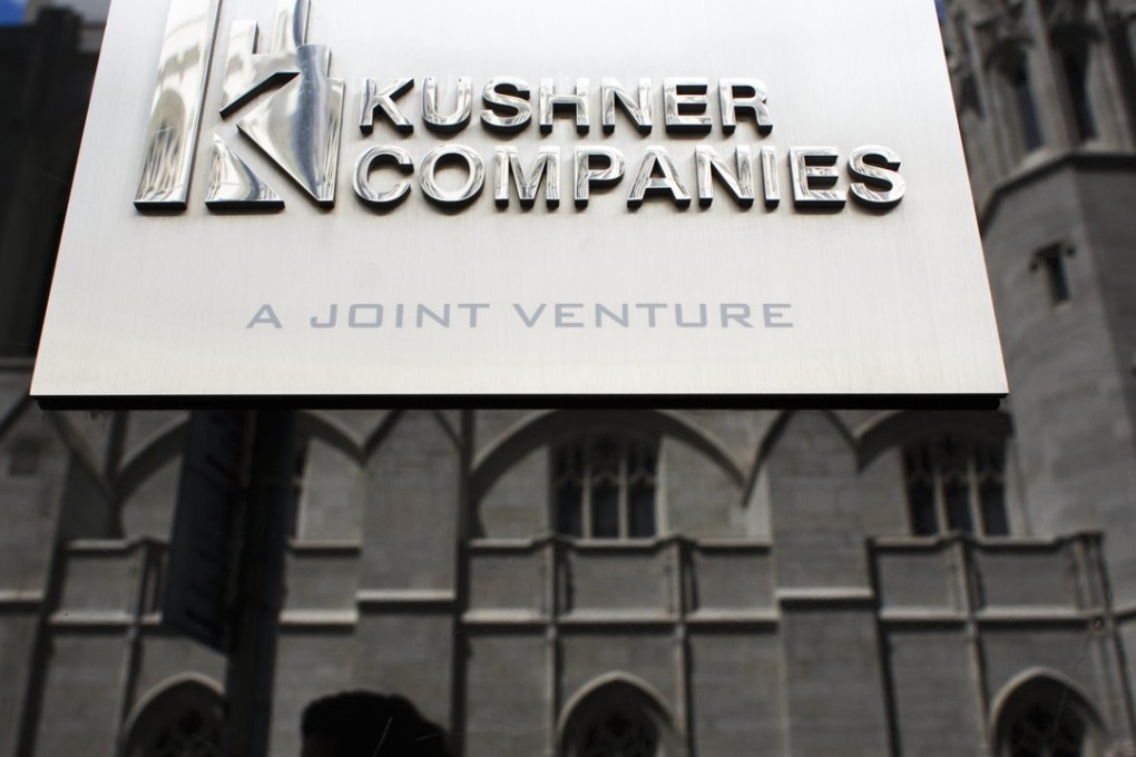 The sign for the Kushner Companies, a real estate development firm owned by the family of Jared Kushner, in New York. The firm was criticised over the weekend for invoking Jared Kushner's name, who is the son-in-law of President Donald Trump, during a promotional meeting in China about real estate development in New Jersey. As a result, Kushner Co also withdrew from another presentation in Shenzhen on Saturday. Photo: EPA