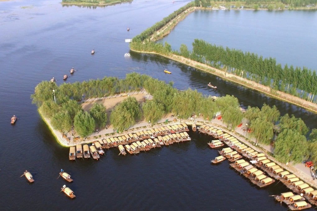An aerial view of boats in Baiyang Lake in Anxin county, in Hebei province, around which the Xiongan New Area will take shape. Photo: EPA