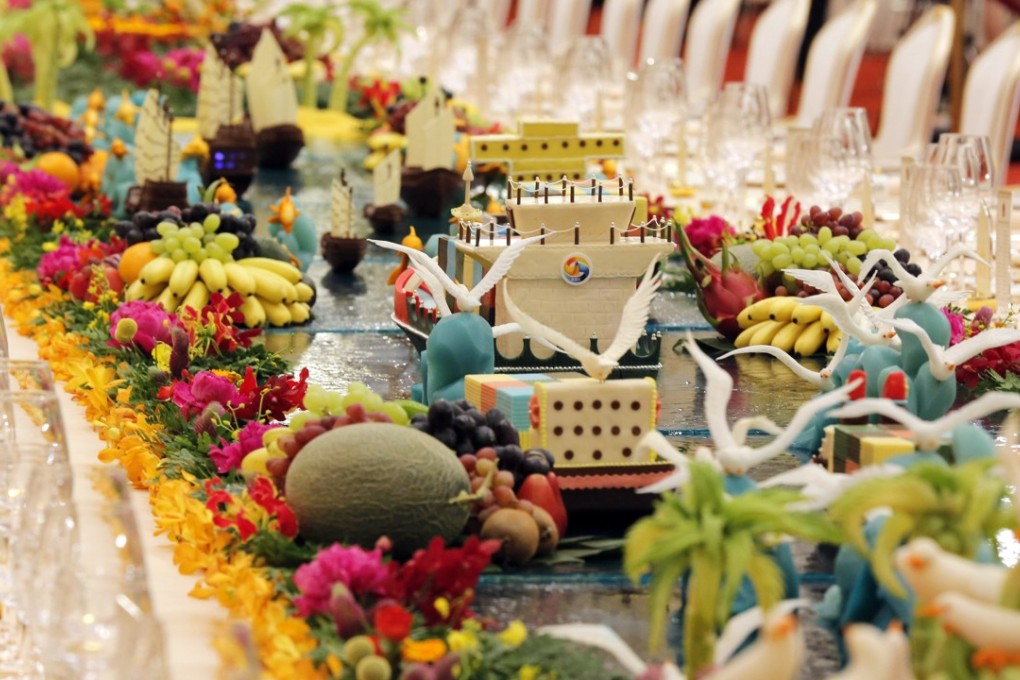 A table display at a welcome banquet for the belt and road forum at the Great Hall of the People in Beijing on Sunday. Photo: EPA