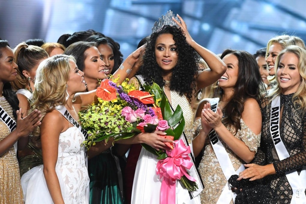 Miss District of Columbia Sara McCullough (centre) is surrounded by fellow contestants after she was crowned Miss USA 2017 at the Mandalay Bay Events Centre in Las Vegas on Sunday. Photo: AFP