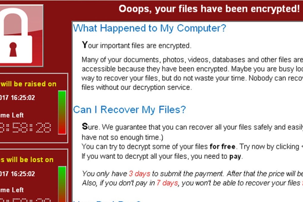 A screenshot shows a WannaCry ransomware demand, provided by cyber security firm Symantec, in Mountain View, California. The pace of attacks seem to be slowing down. Photo: Symantec handout via Reuters