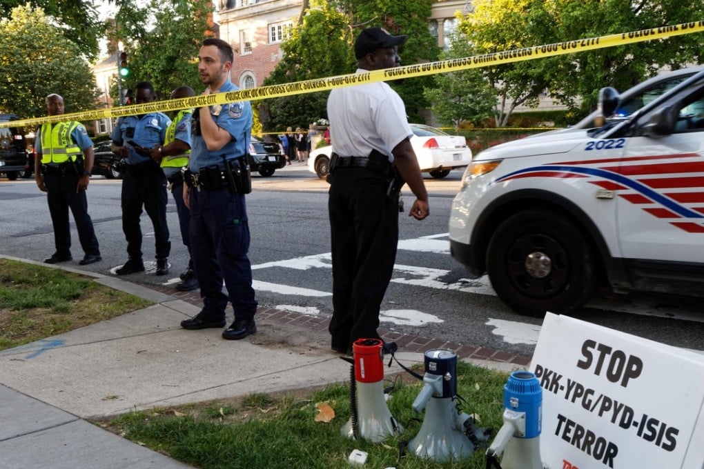 Police secure the street outside the Turkish embassy during a visit by Turkish President Recep Tayyip Erdogan on Tuesday. Earlier, the Turkish leader's security detail had clashed with pro-Kurdish protesters. Photo: AFP