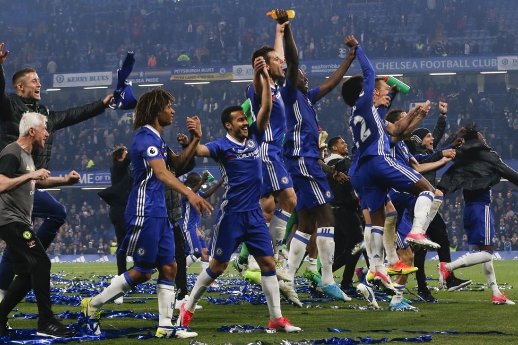 Chelsea players celebrate after their game against Watford at the Stamford Bridge. Photo: Xinhau