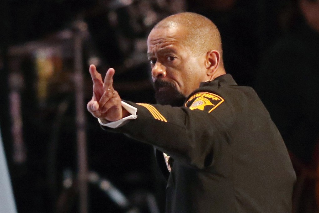 David Clarke gestures after speaking at the Republican National Convention. Photo: Reuters