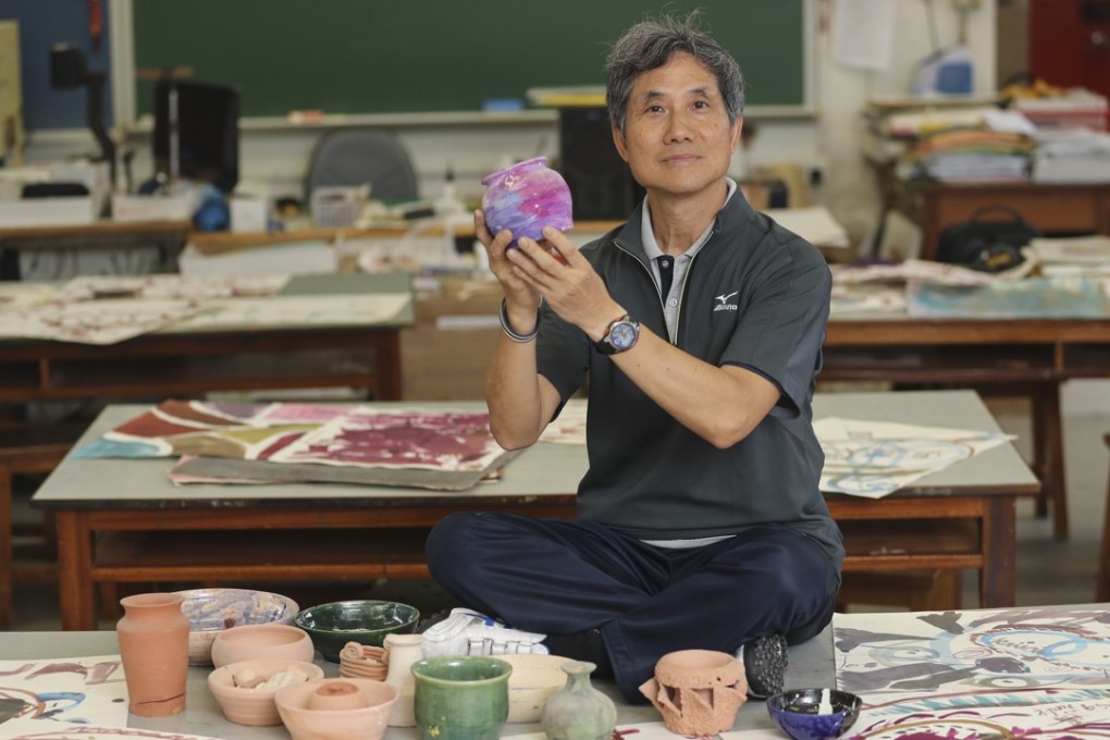 Unorthodox teacher Edward Tse shows off some art at Kwun Tong Maryknoll College. Photo: Edward Wong