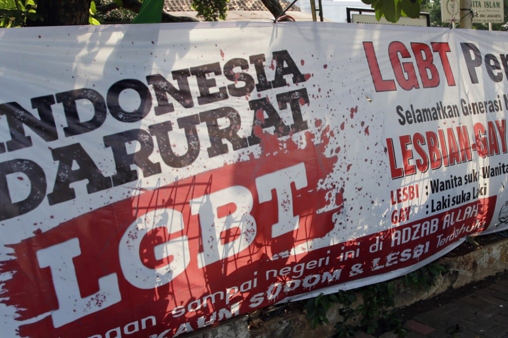 An anti-LGBT banner erected by an ultra-conservative Islamic group in Jakarta. Photo: AP