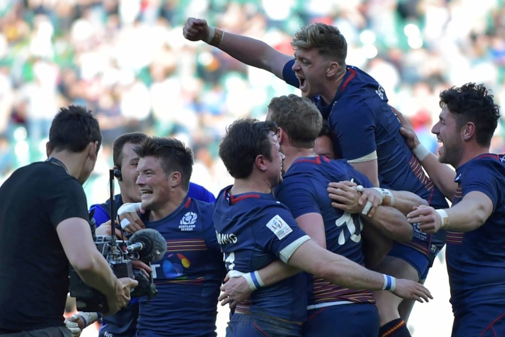 Scotland celebrates their victory over England in the final of the London Sevens. Photos: AFP
