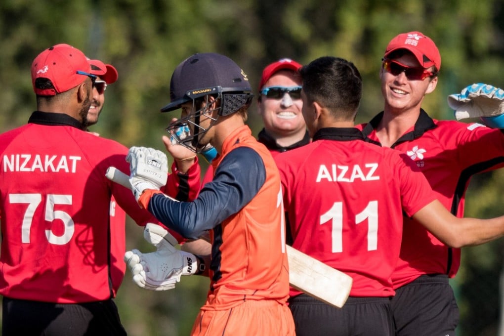 Hong Kong celebrate a wicket against the Netherlands. Photo: Cricket Hong Kong