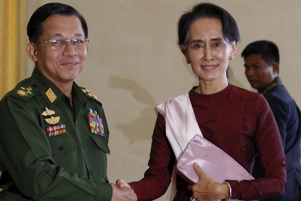 Senior General Min Aung Hlaing and National League for Democracy party leader Aung San Suu Kyi. Photo: Reuters
