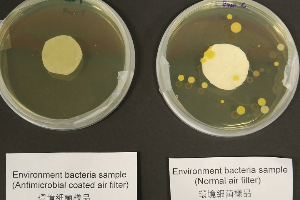 A sample of HKUST’s antimicrobial coated air filter (left), compared with a sample from another air filter. Photo: Handout