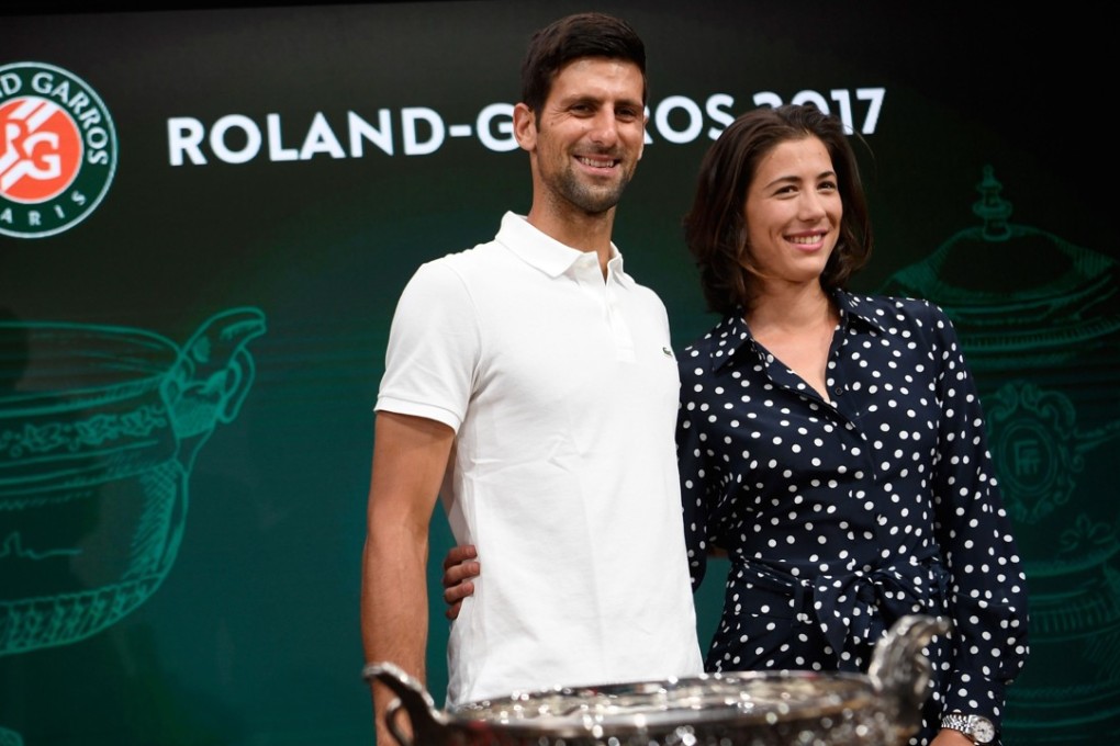 Defending male champion Novak Djokovic and defending female champion Spain's Garbine Muguruza, pose for a photograph during the official draw for the French Open. Photo: AFP