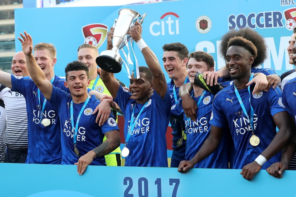 Leicester players celebrate after winning the Soccer Sevens at Hong Kong Football Club. Photo: Edward Wong