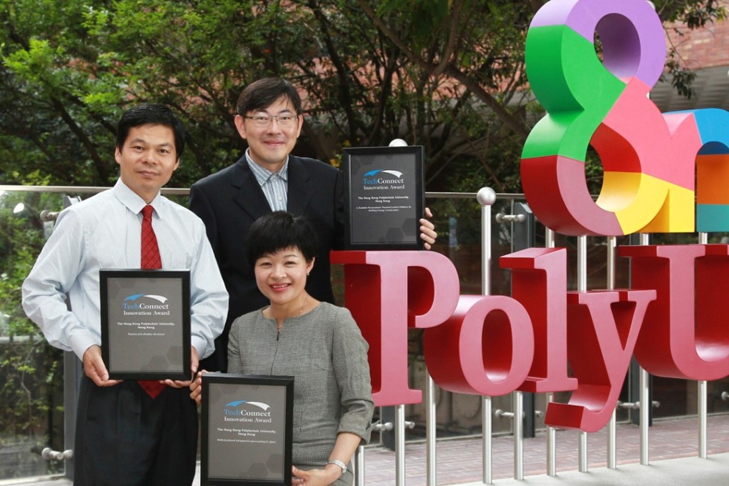 Award winners from PolyU Dr Lin Lu (front), Dr Jing Xingjian (left), and Dr Wang Dan (right). Photo: Handout