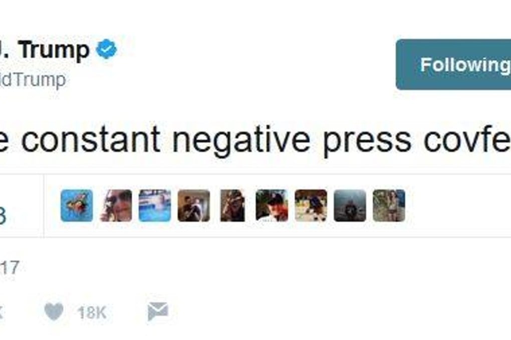 The garbled tweet by Donald Trump appeared on his account at 12.06am Tuesday; this screenshot was taken with a Pacific coast time stamp. Photo: Twitter
