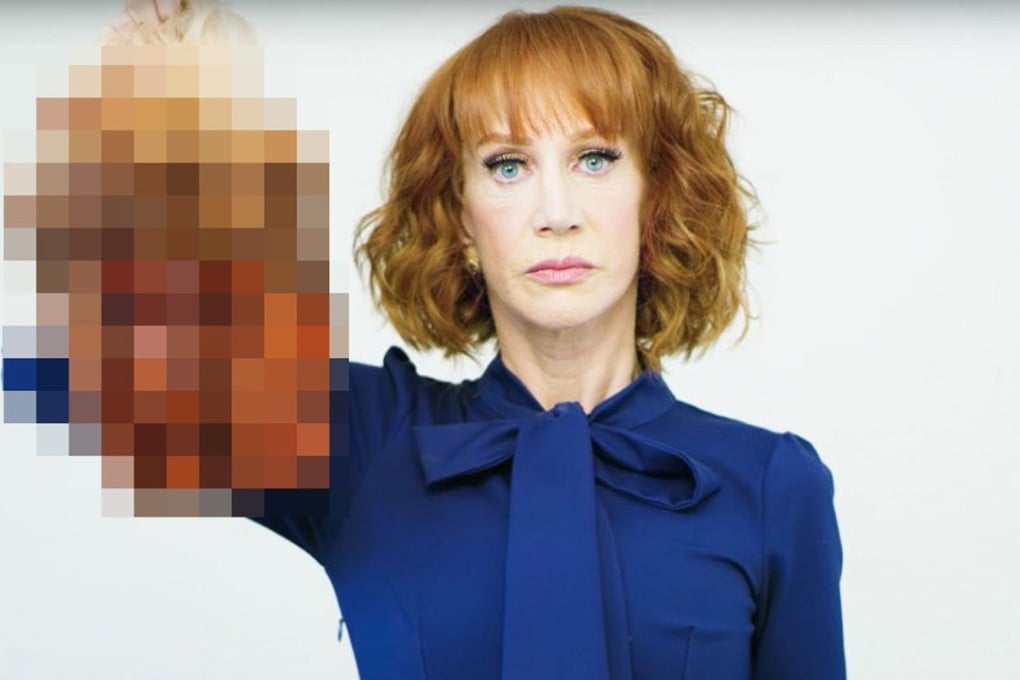 Kathy Griffin poses with a depiction of Donald Trump's severed head. The disturbing image has been pixellated by the SCMP. Photo: Tyler Shields