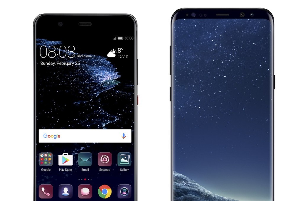 The Huawei 10 Plus smartphone (left) and the Samsung S8+ smartphone.