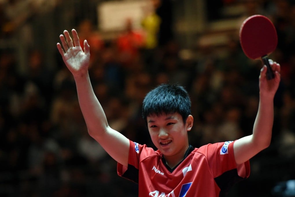 Tomokazu Harimoto celebrates his win. Photo: Xinhua