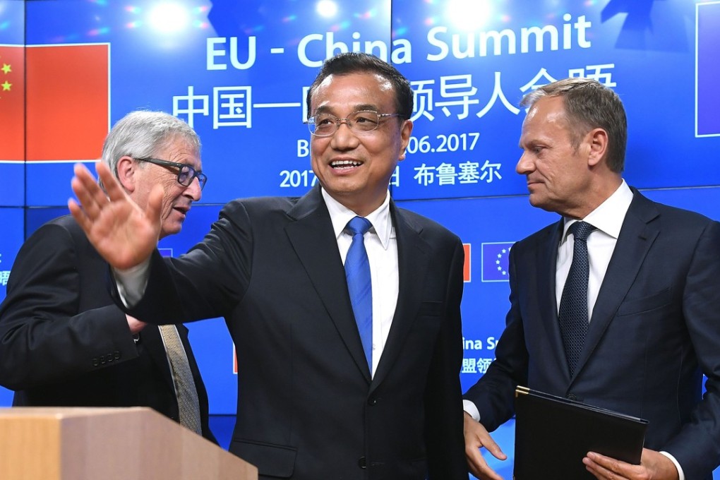 Premier Li Keqiang with European Commission President Jean-Claude Juncker, left, and European Council President Donald Tusk on Friday. Photo: AFP