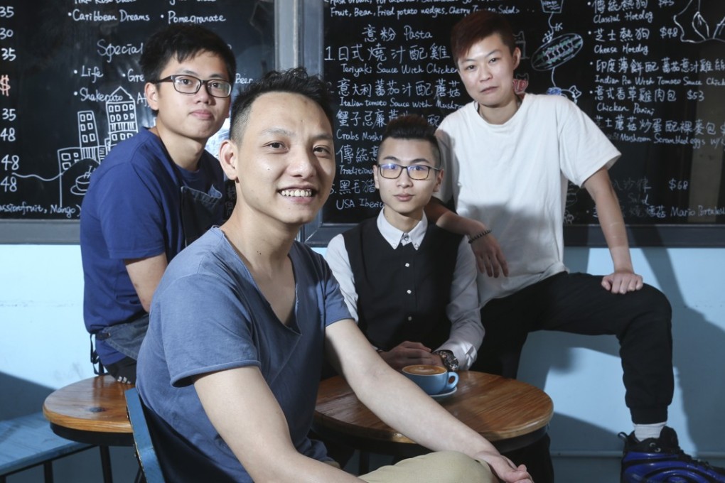 Cafe Heato owner Amen Chan Hoi-yuen (front) with his staff members (from left to right, behind) Wong Man-hon, Lam Ka-lun and Lai Ho-ching. Photo: K. Y. Cheng
