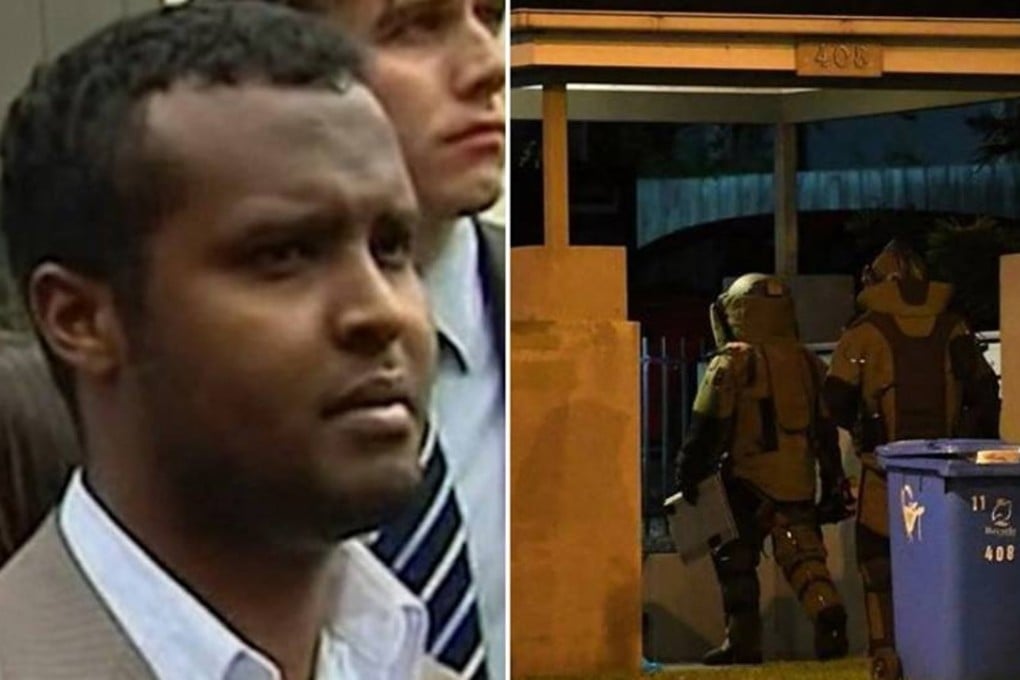 Melbourne siege suspect Yacqub Khayre (left), and bomb-disposal officers at the apartments where Khayre and a Chinese-Australian victim died. Photos: YouTube / EPA