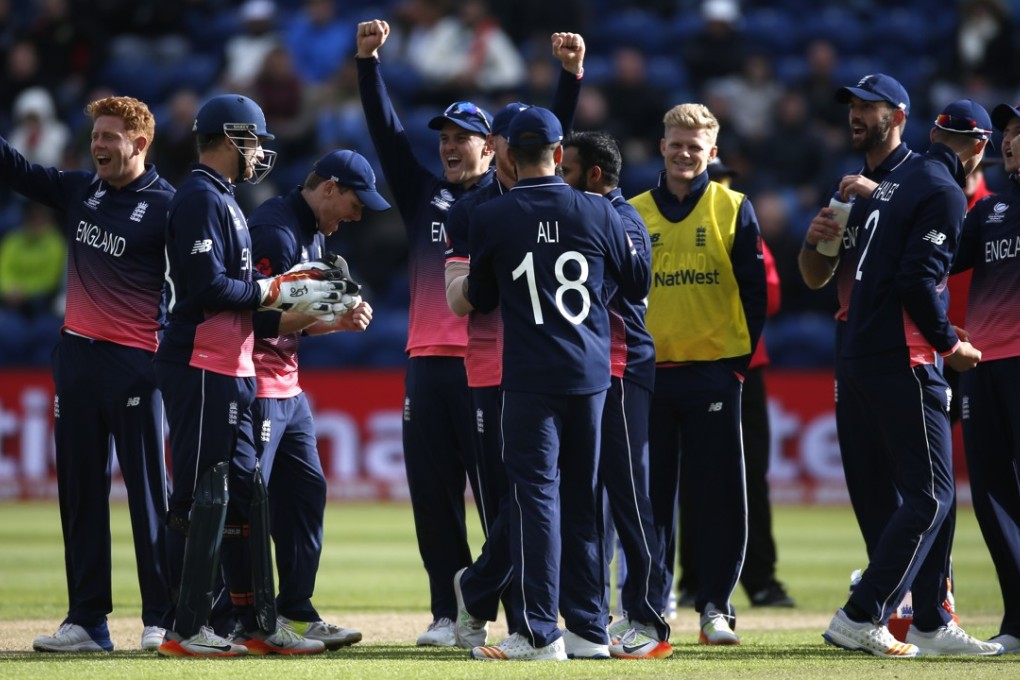 England celebrate the wicket of New Zealand’s Neil Broom during their Champions Trophy victory. Photo: Reuters