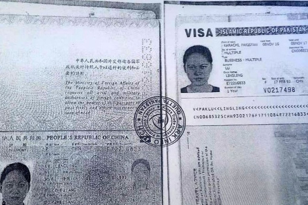Pakistani police copies of the passport and entry visa for Lu Ling Ling, one of the abductees. Photo: EPA