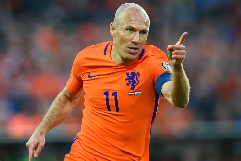 Arjen Robben celebrates after scoring for the Netherlands against Luxembourg. Photo: AFP