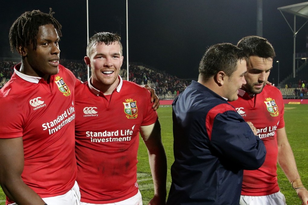 British & Irish Lions players celebrate after their 12-3 win over the Canterbury Crusaders in Christchurch. Photo: AP