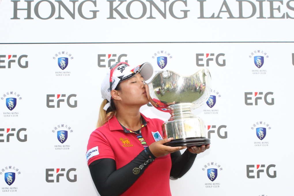 Thailand’s Supamas Sangchan celebrates winning the Hong Kong Ladies Open. Photo: Ike Li