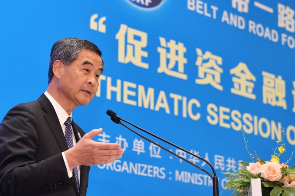 Hong Kong’s outgoing chief executive, Leung Chun-ying, addresses a session on financial connectivity at the Belt and Road Forum in Beijing on May 14. Leung has labelled Hong Kong as a “super connector” between mainland China and the world. Photo: Handout
