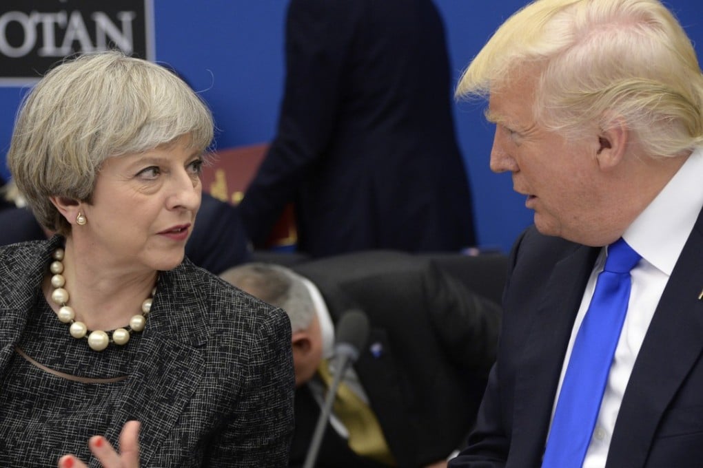 British Prime Minister Theresa May and US President Donald Trump at a working dinner during the Nato summit of heads of state and government, in Brussels on May 25. Photo: AP