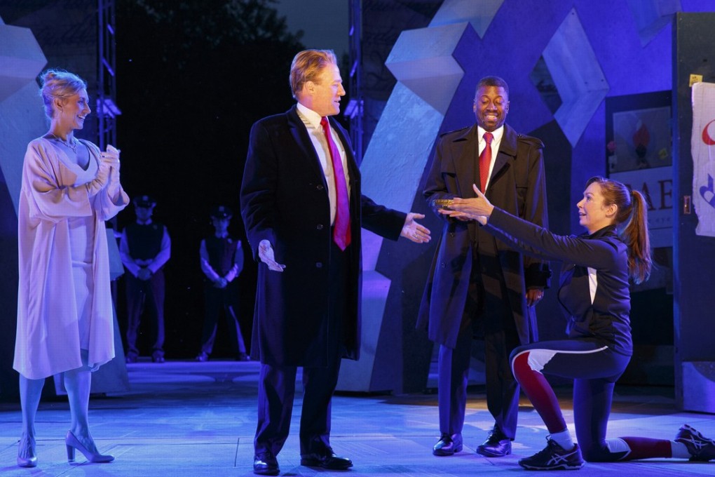 Tina Benko, left, portrays Melania Trump in the role of Caesar's wife, Calpurnia, and Gregg Henry, centre left, portrays US President Donald Trump in the role of Julius Caesar. Photo: AP